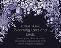 Vector spring illustration in engraving style. Two nightingales on a forsythia branch Royalty Free Stock Photo